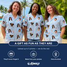 Friends in matching Women's Shell Yeah Custom Face Hawaiian Shirt — a group gift photo