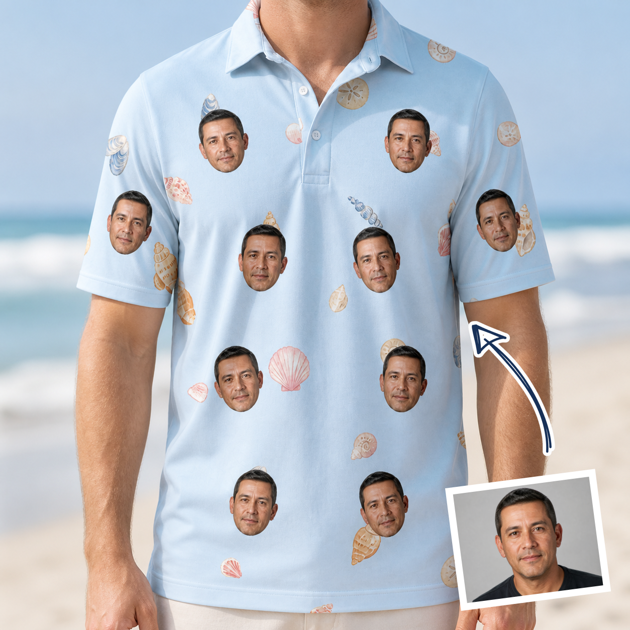 Man wearing Men's Shell Yeah Custom Face Polo Shirt — custom faces printed all-over