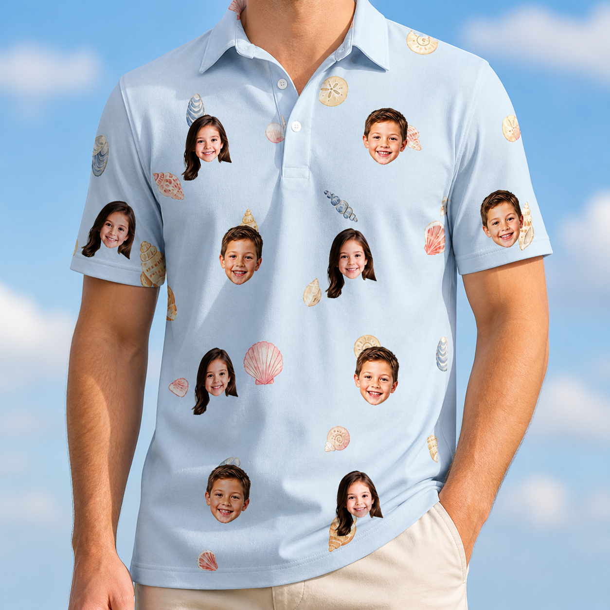 Model wearing Men's Shell Yeah Custom Face Polo Shirt printed with kids' faces