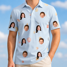 Model wearing Men's Shell Yeah Custom Face Polo Shirt printed with kids' faces