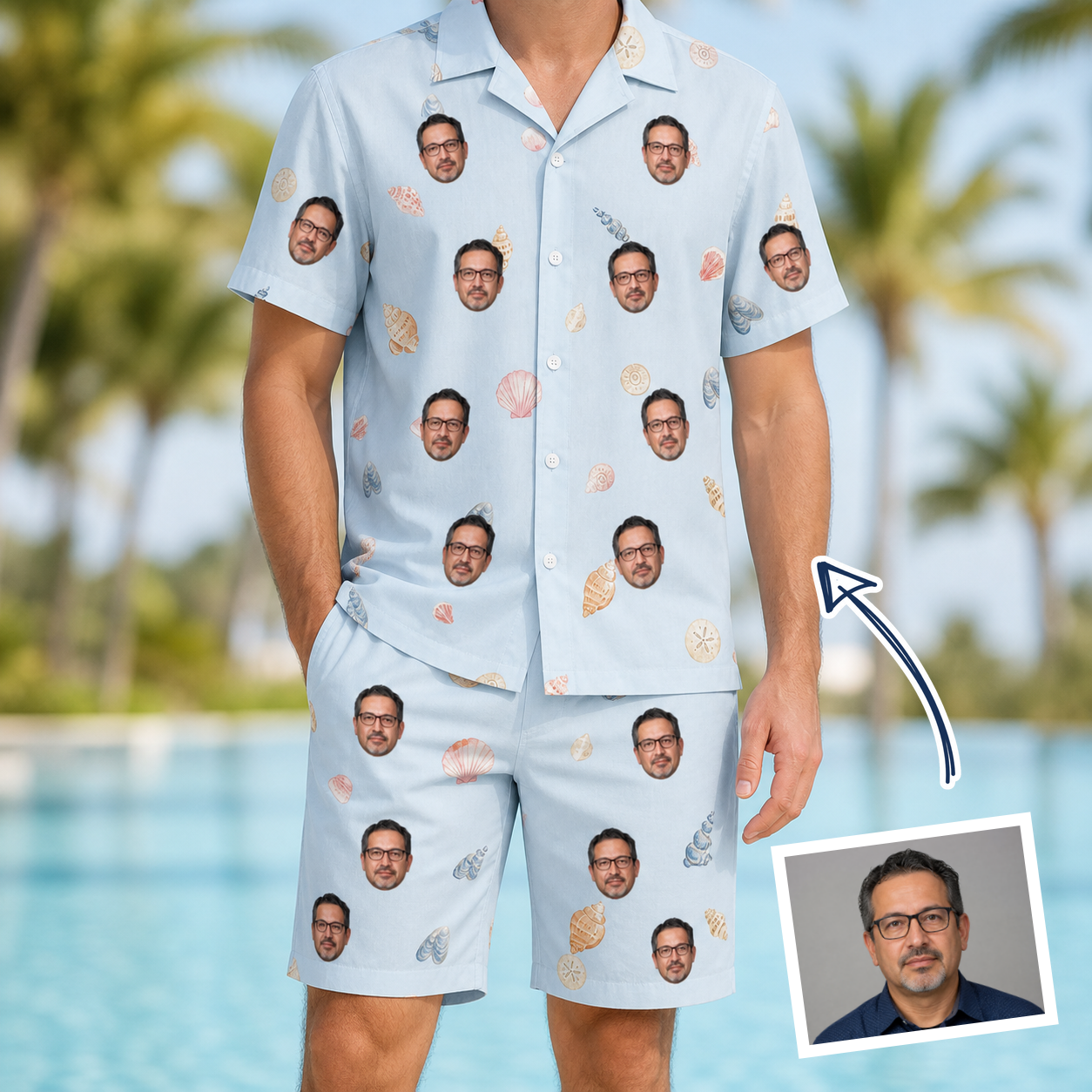 Man wearing Men's Shell Yeah Custom Face Shirt & Shorts Set — custom faces printed all-over