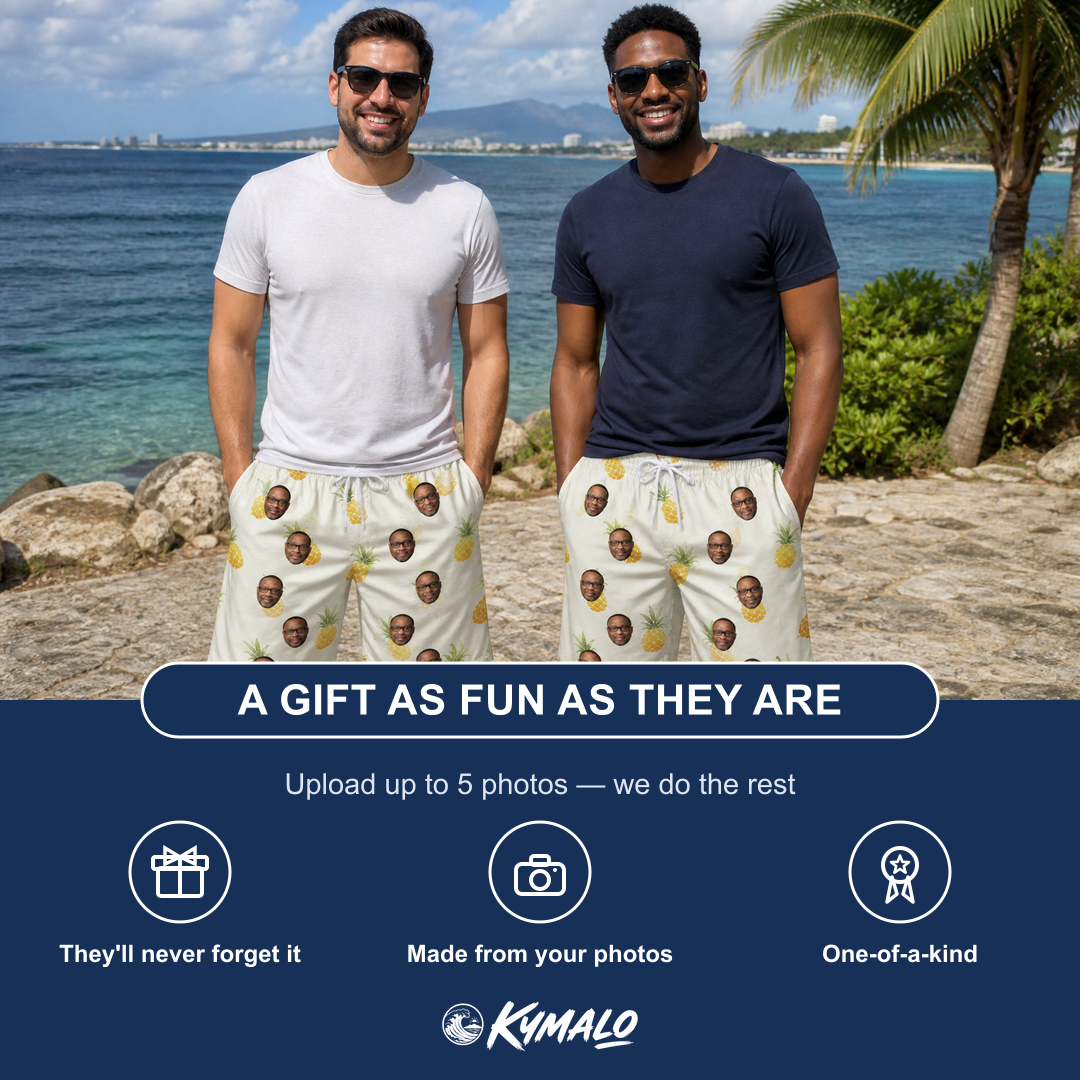Friends in matching Men's Prickle Picnic Custom Face Beach Shorts — a group gift photo