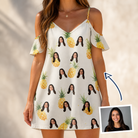 Woman wearing Women's Prickle Picnic Custom Face Off-Shoulder Dress — custom faces printed all-over