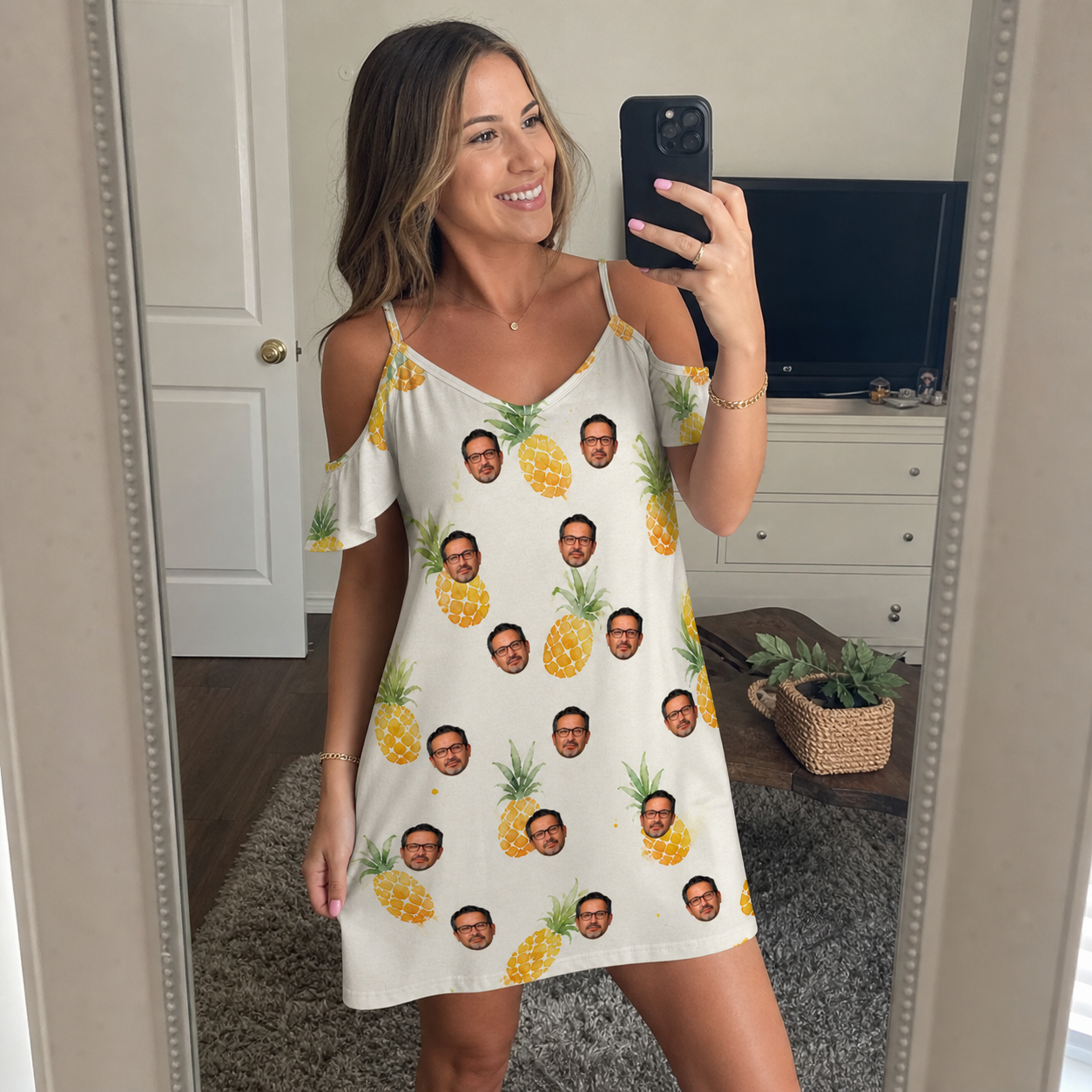 Real-life photo of someone wearing Women's Prickle Picnic Custom Face Off-Shoulder Dress — custom faces printed all-over