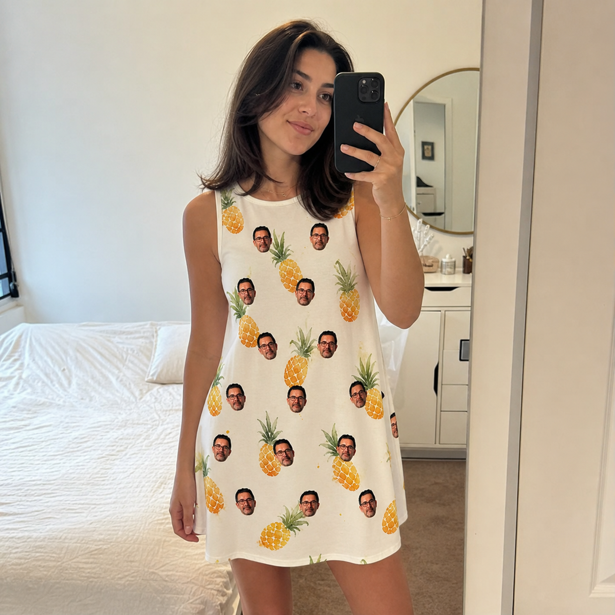 Real-life photo of someone wearing Women's Prickle Picnic Custom Face Tank Dress — custom faces printed all-over
