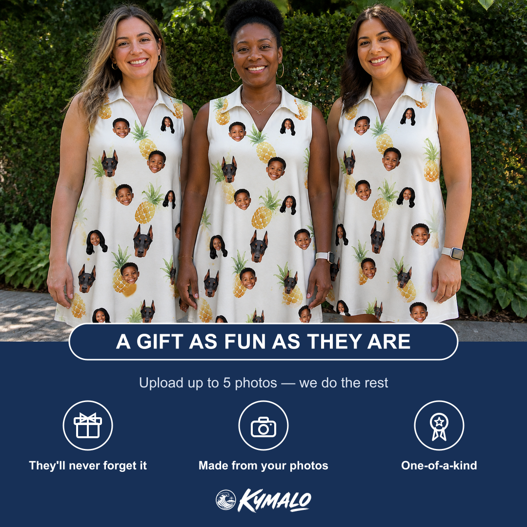 Friends in matching Women's Prickle Picnic Custom Face V-Neck Dress — a group gift photo