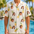 Model wearing Men's Prickle Picnic Custom Face Hawaiian Shirt printed with kids' faces