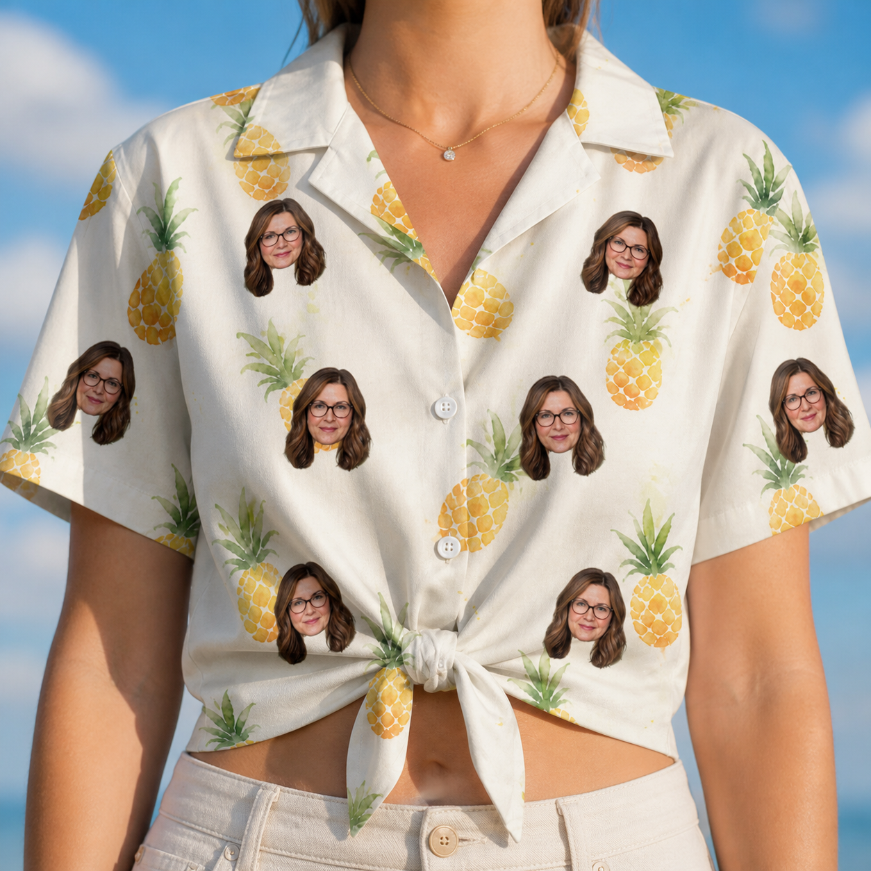 Woman wearing Women's Prickle Picnic Custom Face Hawaiian Shirt tied at the waist