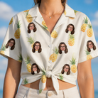 Woman wearing Women's Prickle Picnic Custom Face Hawaiian Shirt tied at the waist