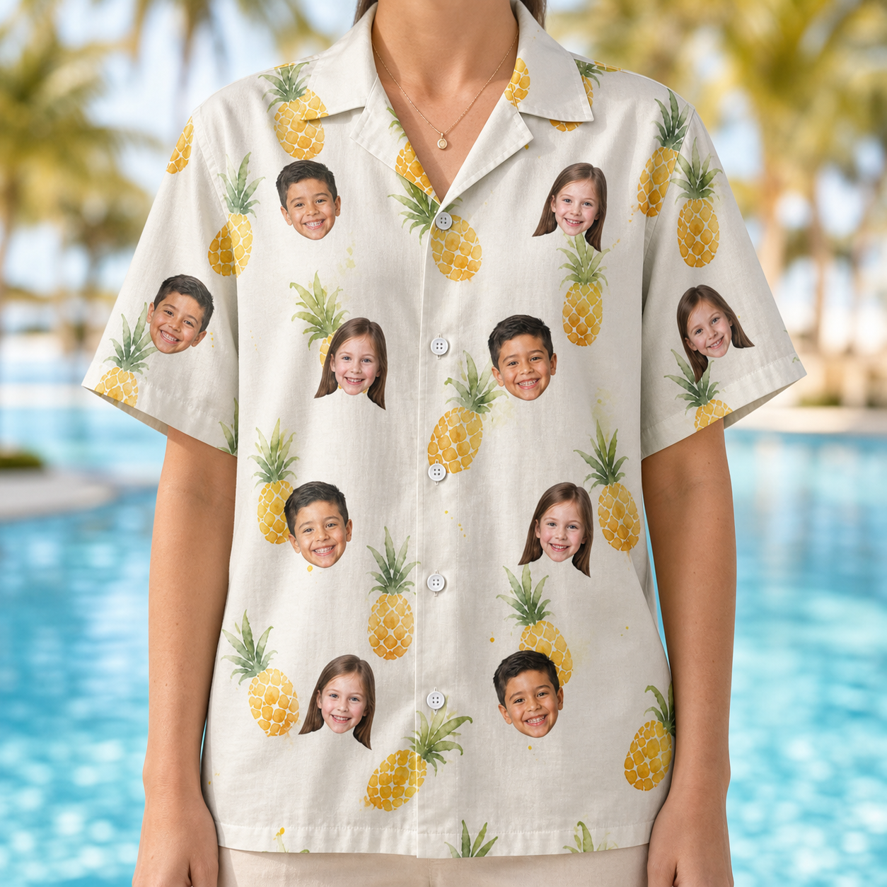 Model wearing Women's Prickle Picnic Custom Face Hawaiian Shirt printed with kids' faces