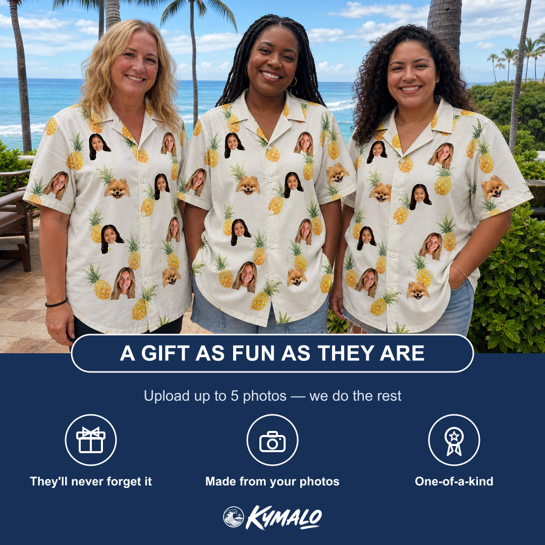 Friends in matching Women's Prickle Picnic Custom Face Hawaiian Shirt — a group gift photo