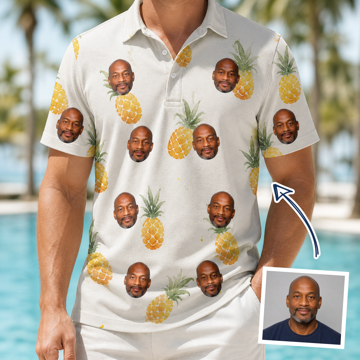 Man wearing Men's Prickle Picnic Custom Face Polo Shirt — custom faces printed all-over