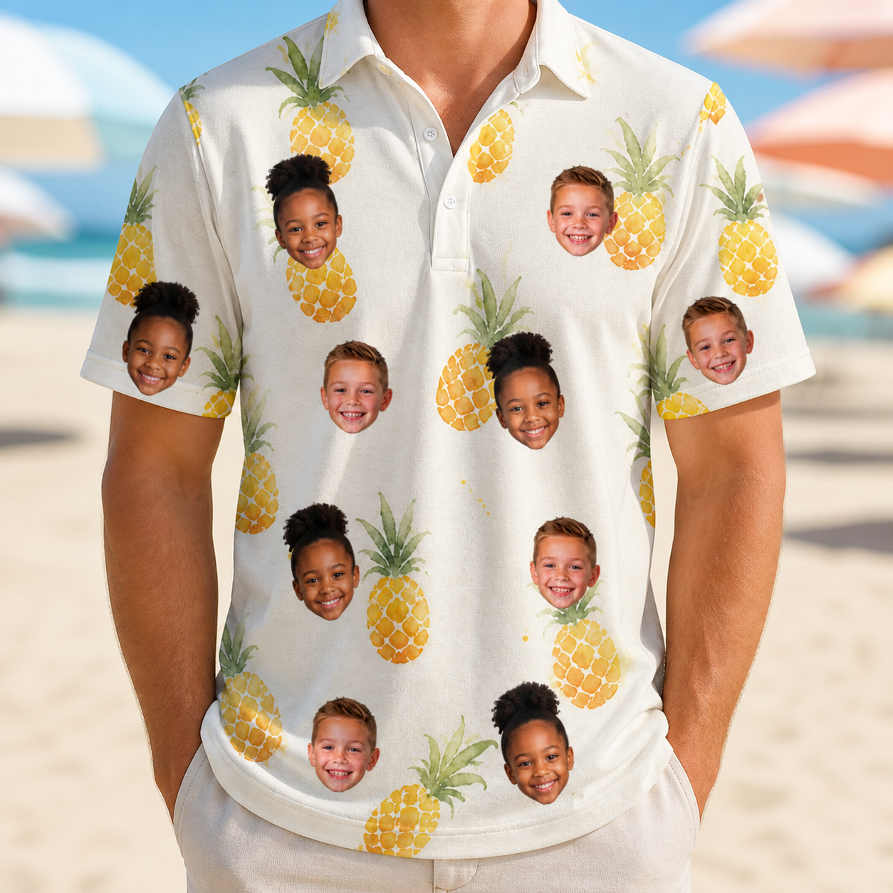 Model wearing Men's Prickle Picnic Custom Face Polo Shirt printed with kids' faces
