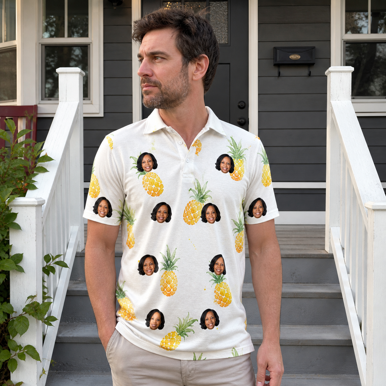Real-life photo of someone wearing Men's Prickle Picnic Custom Face Polo Shirt — custom faces printed all-over