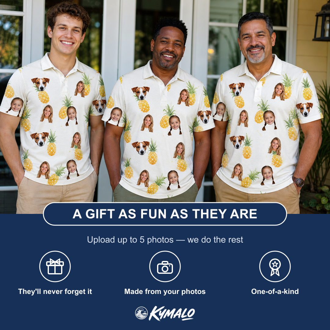 Friends in matching Men's Prickle Picnic Custom Face Polo Shirt — a group gift photo