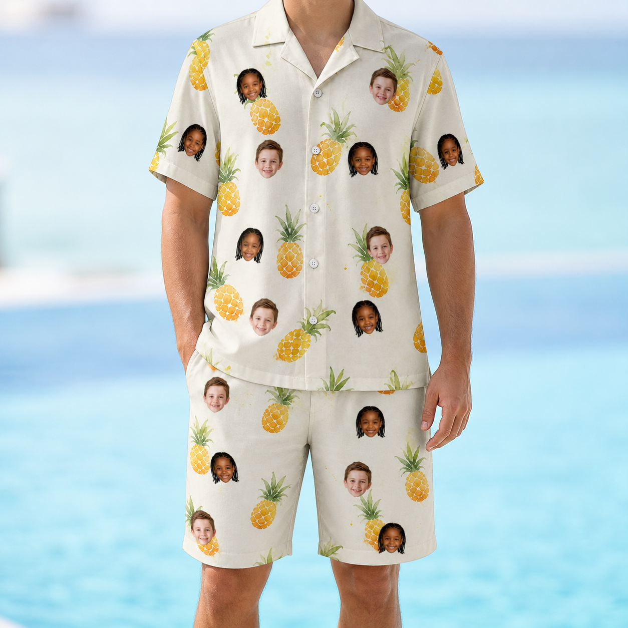 Model wearing Men's Prickle Picnic Custom Face Shirt & Shorts Set printed with kids' faces