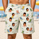 Model wearing Men's Seaside Sitters Custom Face Beach Shorts printed with kids' faces