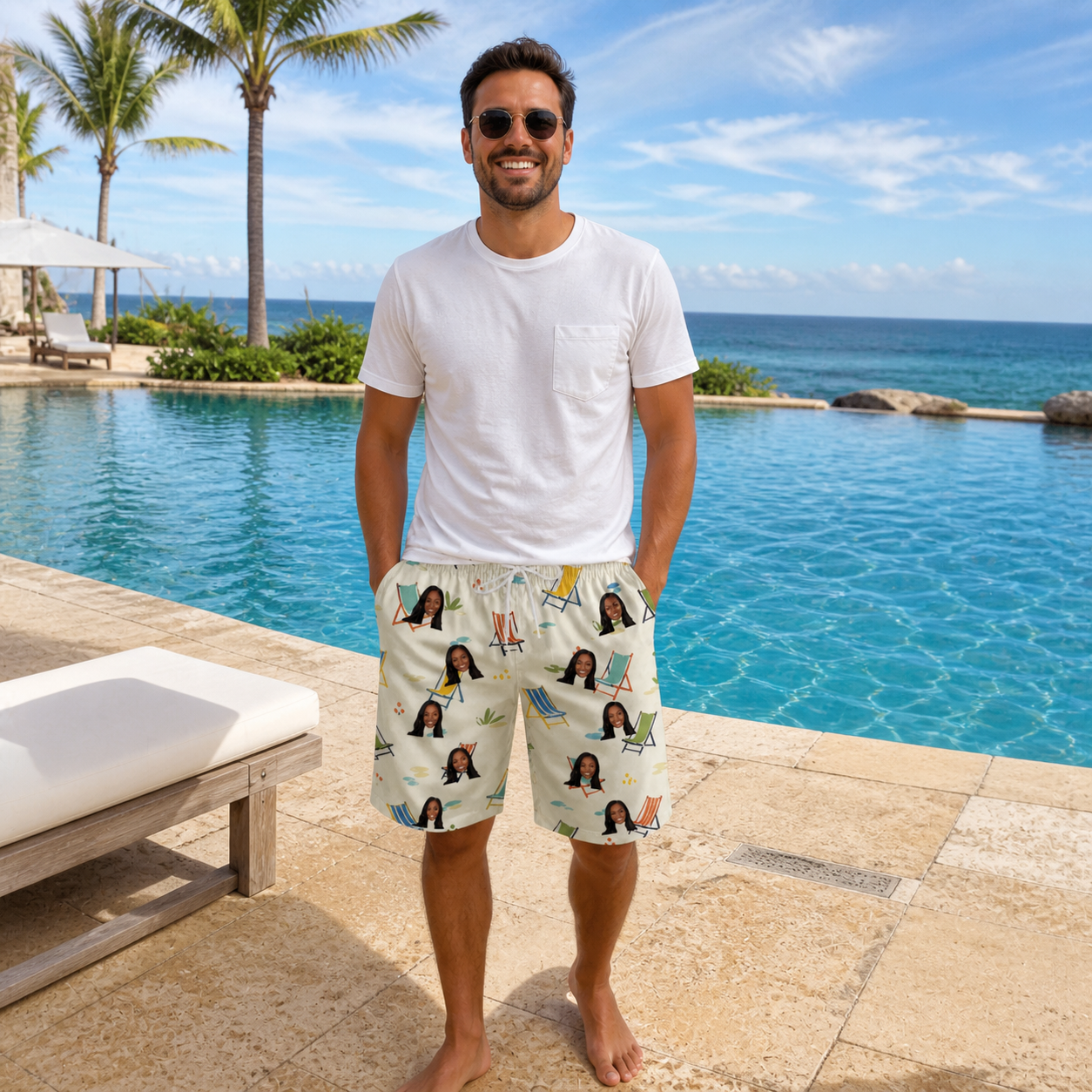 Real-life photo of someone wearing Men's Seaside Sitters Custom Face Beach Shorts — custom faces printed all-over
