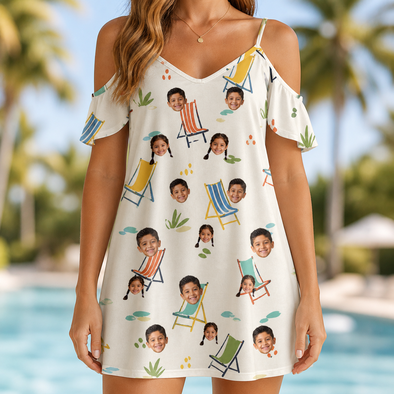 Model wearing Women's Seaside Sitters Custom Face Off-Shoulder Dress printed with kids' faces