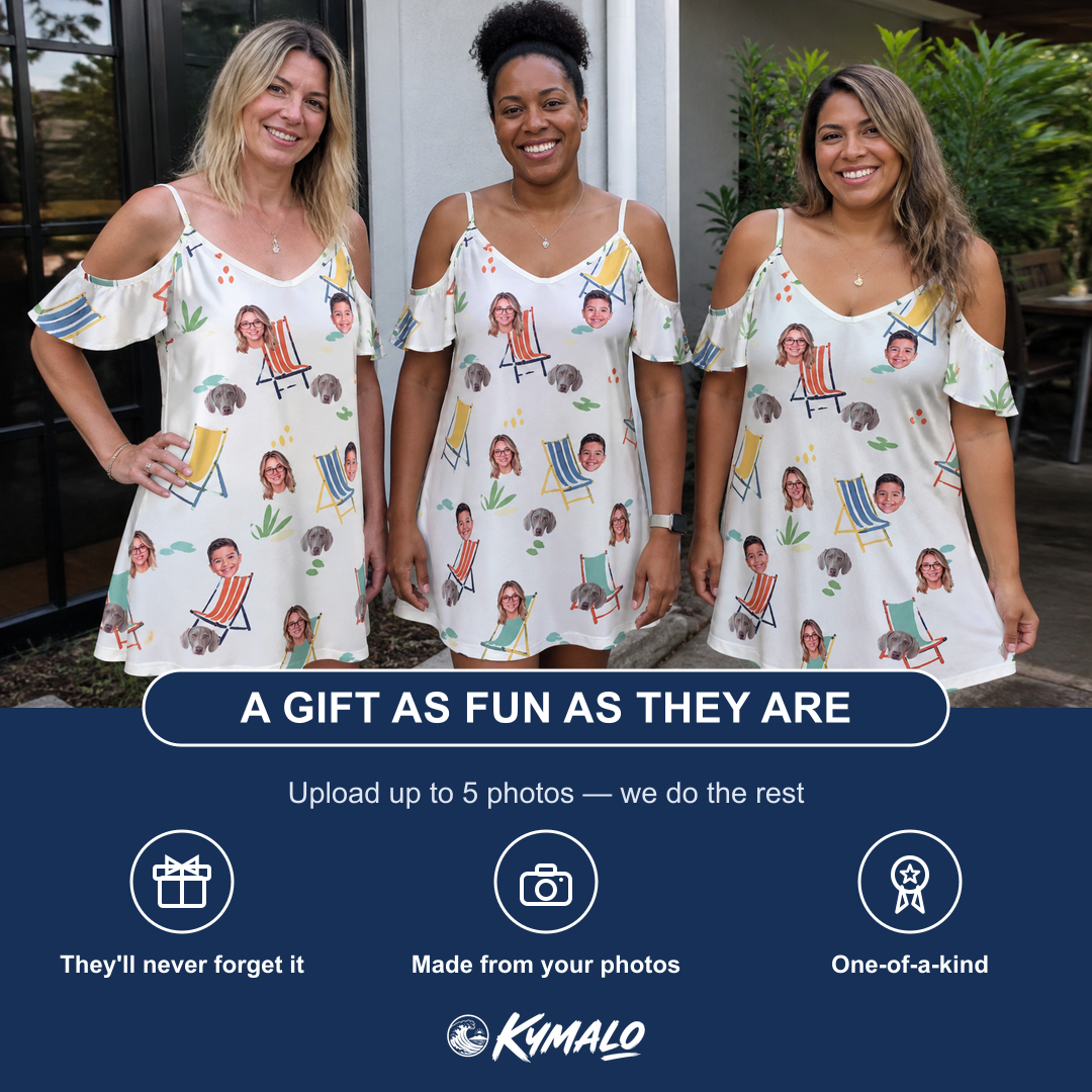 Friends in matching Women's Seaside Sitters Custom Face Off-Shoulder Dress — a group gift photo