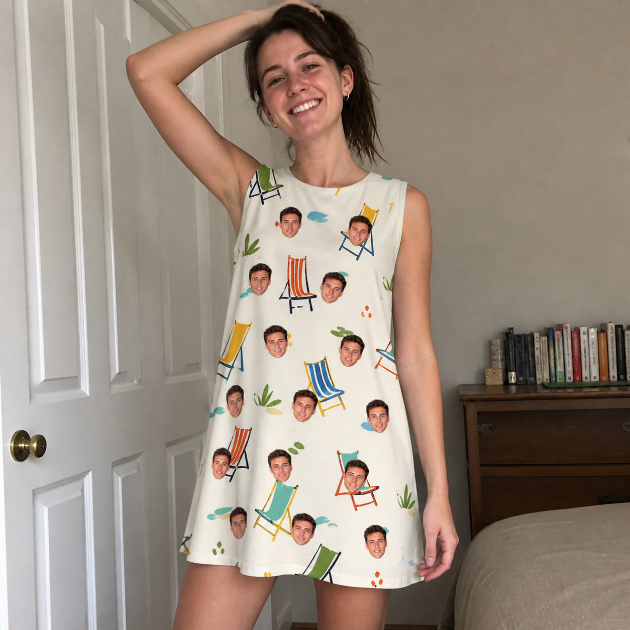 Real-life photo of someone wearing Women's Seaside Sitters Custom Face Tank Dress — custom faces printed all-over