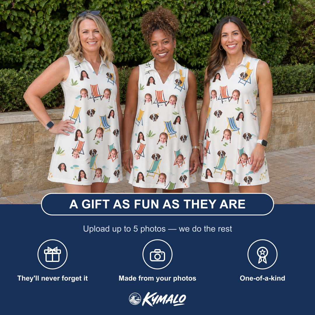 Friends in matching Women's Seaside Sitters Custom Face V-Neck Dress — a group gift photo