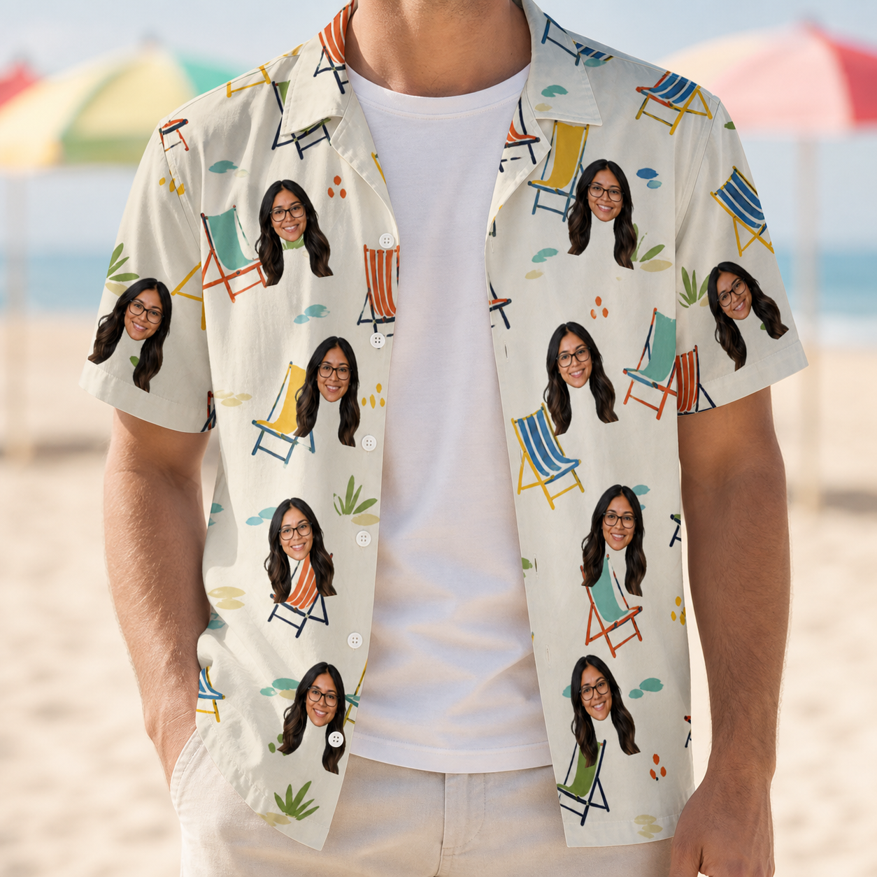 Man wearing Men's Seaside Sitters Custom Face Hawaiian Shirt open over a white tee