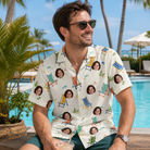 Real-life photo of someone wearing Men's Seaside Sitters Custom Face Hawaiian Shirt — custom faces printed all-over
