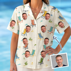 Woman wearing Women's Seaside Sitters Custom Face Hawaiian Shirt — custom faces printed all-over