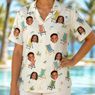 Model wearing Women's Seaside Sitters Custom Face Hawaiian Shirt printed with kids' faces