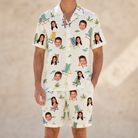 Model wearing Men's Seaside Sitters Custom Face Shirt & Shorts Set printed with kids' faces