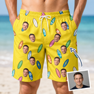 Man wearing Men's Board Buddies Custom Face Beach Shorts — custom faces printed all-over