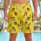 Model wearing Men's Board Buddies Custom Face Beach Shorts printed with kids' faces