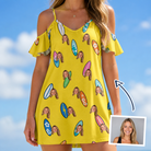 Woman wearing Women's Board Buddies Custom Face Off-Shoulder Dress — custom faces printed all-over