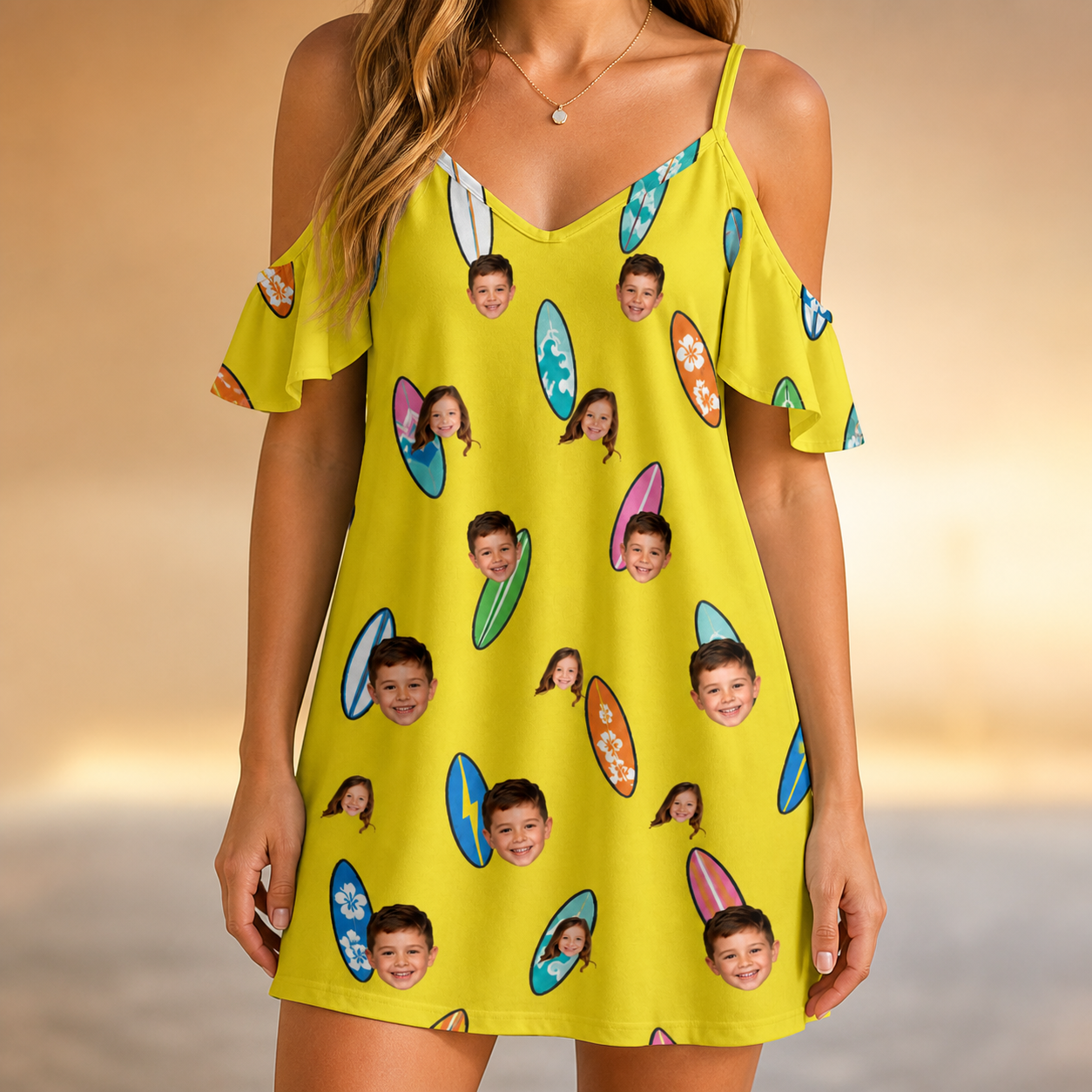 Model wearing Women's Board Buddies Custom Face Off-Shoulder Dress printed with kids' faces