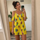 Real-life photo of someone wearing Women's Board Buddies Custom Face Off-Shoulder Dress — custom faces printed all-over