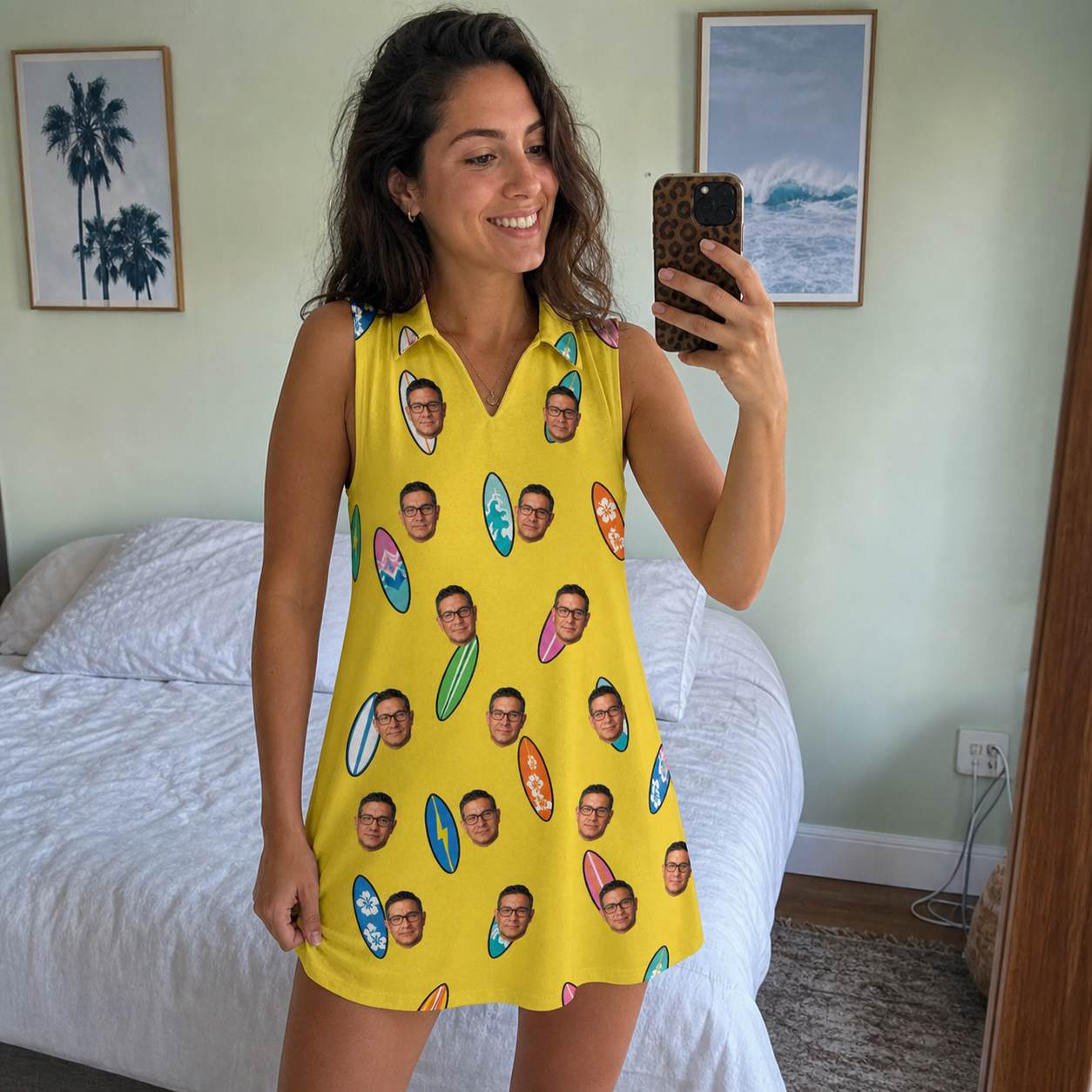 Real-life photo of someone wearing Women's Board Buddies Custom Face V-Neck Dress — custom faces printed all-over