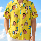 Model wearing Men's Board Buddies Custom Face Hawaiian Shirt printed with kids' faces