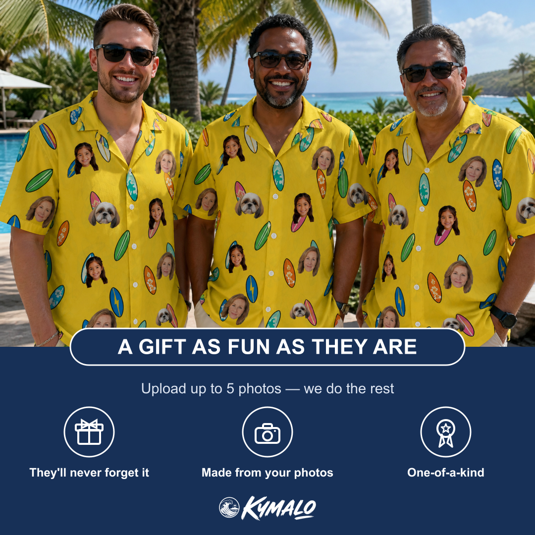 Friends in matching Men's Board Buddies Custom Face Hawaiian Shirt — a group gift photo