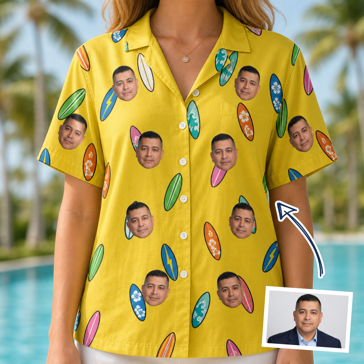 Woman wearing Women's Board Buddies Custom Face Hawaiian Shirt — custom faces printed all-over
