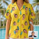 Woman wearing Women's Board Buddies Custom Face Hawaiian Shirt — custom faces printed all-over