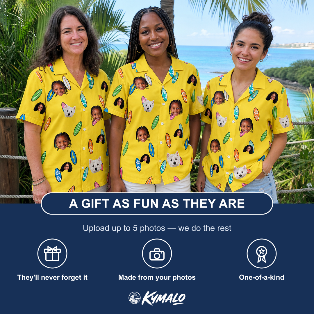 Friends in matching Women's Board Buddies Custom Face Hawaiian Shirt — a group gift photo
