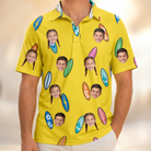 Model wearing Men's Board Buddies Custom Face Polo Shirt printed with kids' faces