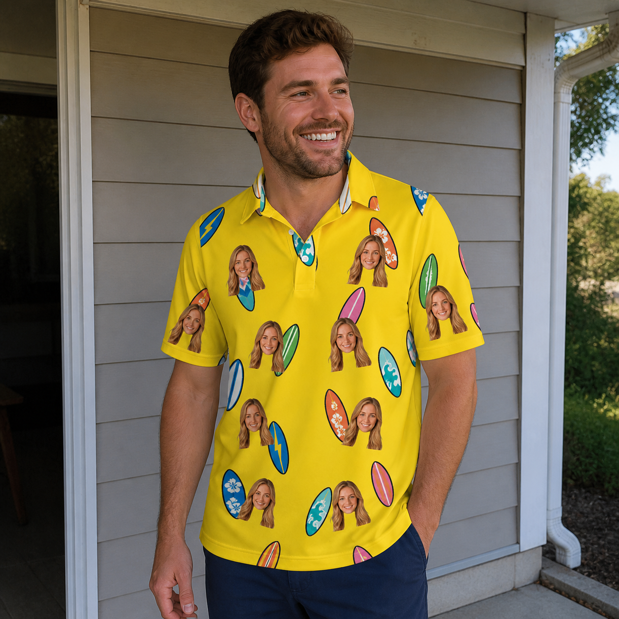 Real-life photo of someone wearing Men's Board Buddies Custom Face Polo Shirt — custom faces printed all-over