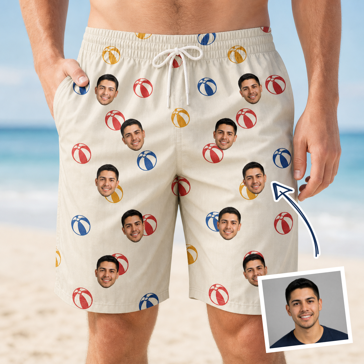 Man wearing Men's Sandy Sidekicks Custom Face Beach Shorts — custom faces printed all-over