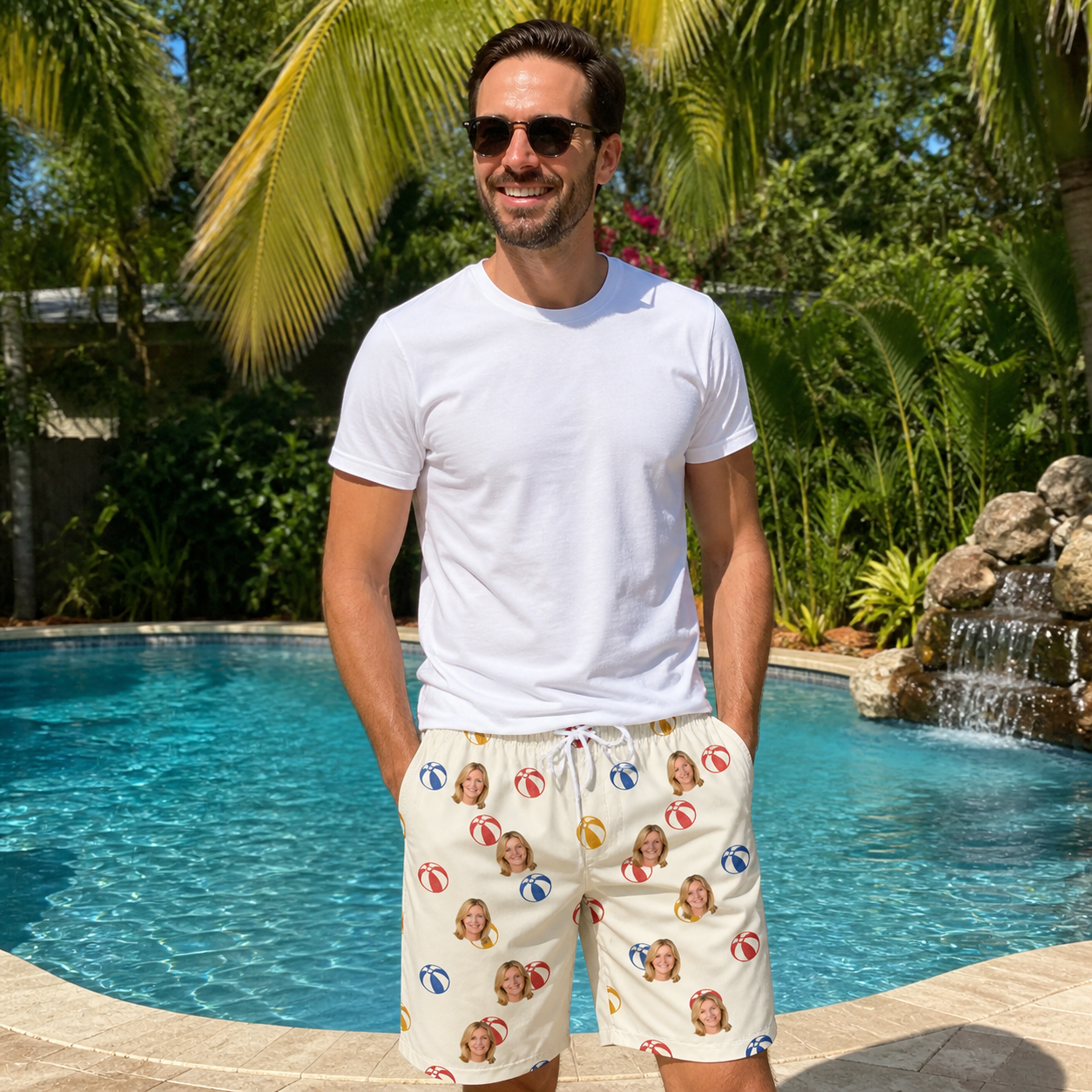 Real-life photo of someone wearing Men's Sandy Sidekicks Custom Face Beach Shorts — custom faces printed all-over
