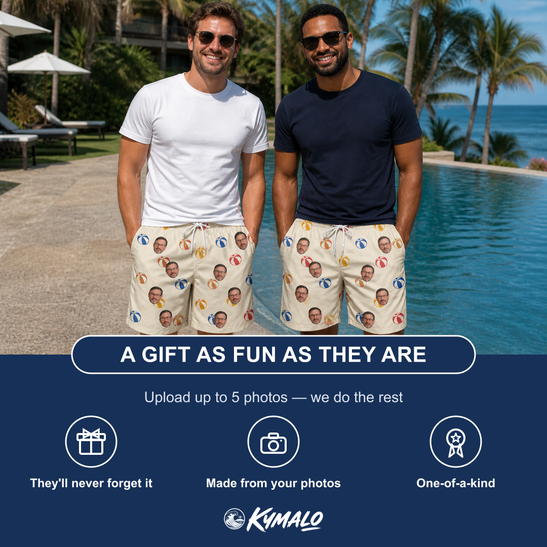 Friends in matching Men's Sandy Sidekicks Custom Face Beach Shorts — a group gift photo