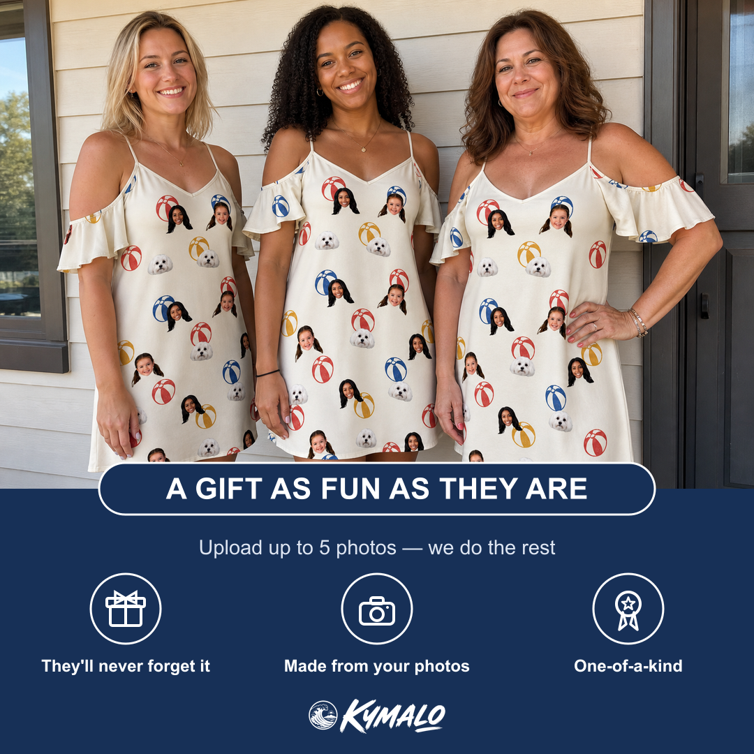Friends in matching Women's Sandy Sidekicks Custom Face Off-Shoulder Dress — a group gift photo
