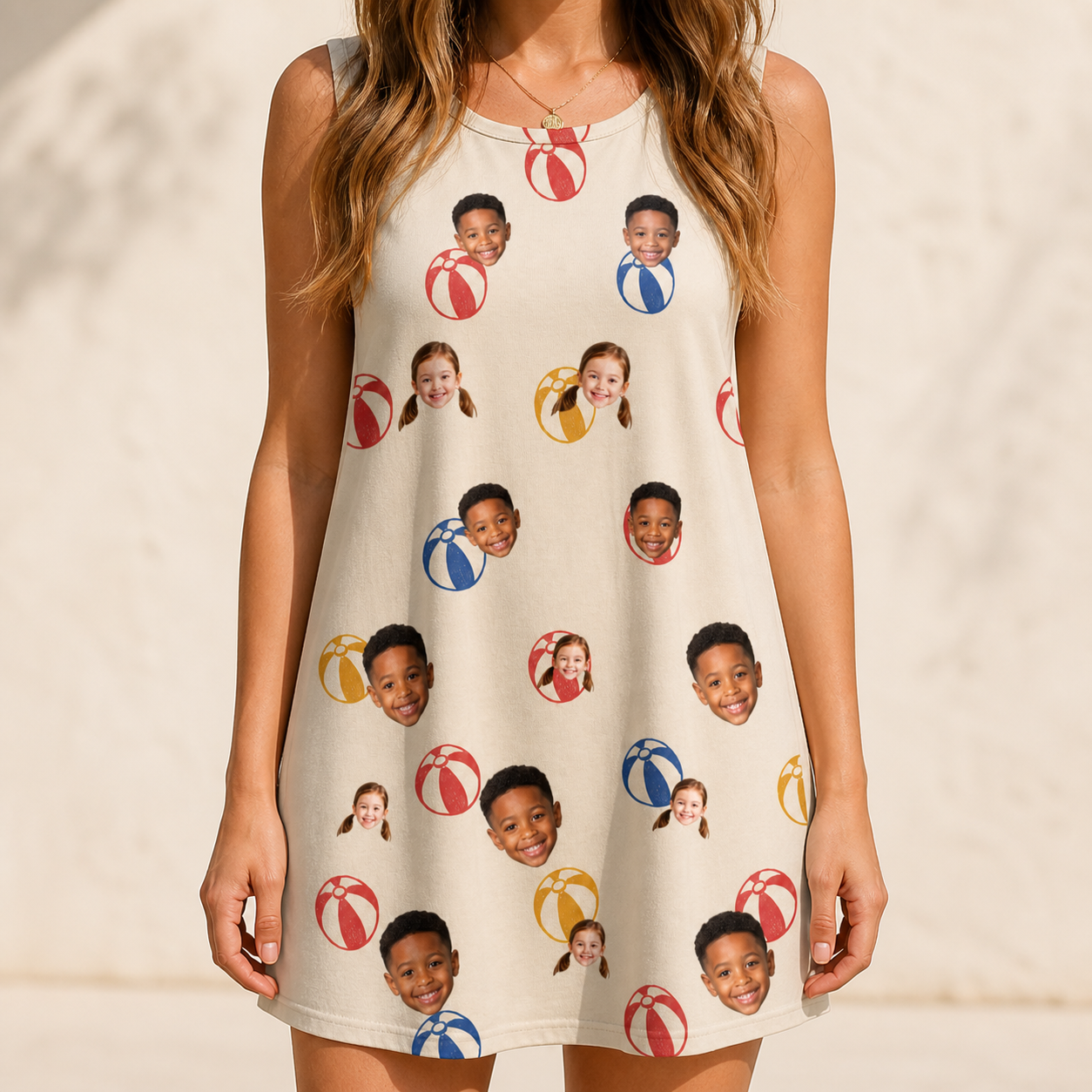 Model wearing Women's Sandy Sidekicks Custom Face Tank Dress printed with kids' faces