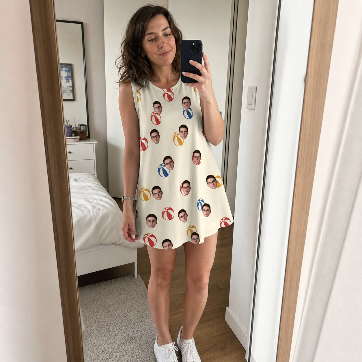 Real-life photo of someone wearing Women's Sandy Sidekicks Custom Face Tank Dress — custom faces printed all-over